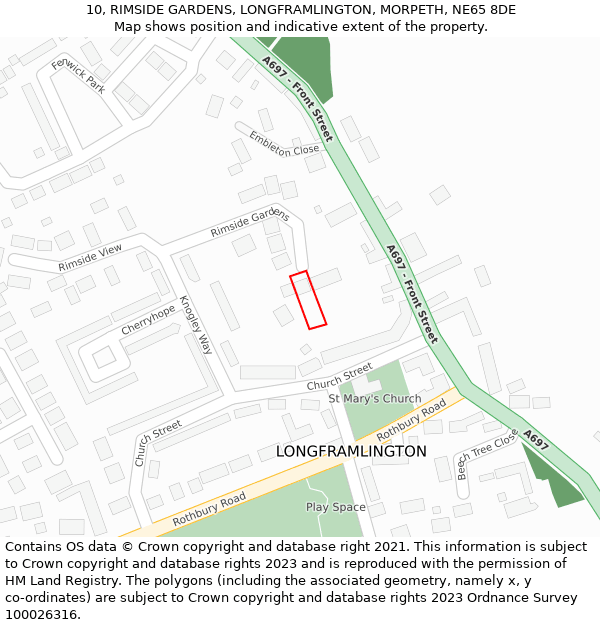 10, RIMSIDE GARDENS, LONGFRAMLINGTON, MORPETH, NE65 8DE: Location map and indicative extent of plot