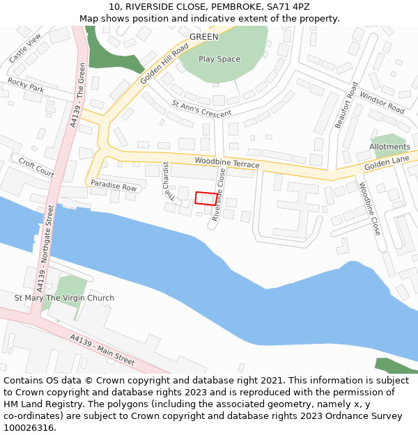 10, RIVERSIDE CLOSE, PEMBROKE, SA71 4PZ: Location map and indicative extent of plot
