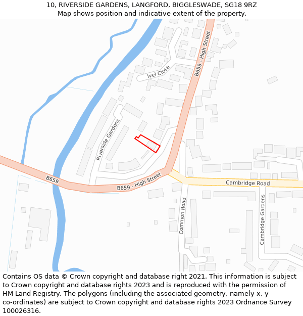 10, RIVERSIDE GARDENS, LANGFORD, BIGGLESWADE, SG18 9RZ: Location map and indicative extent of plot