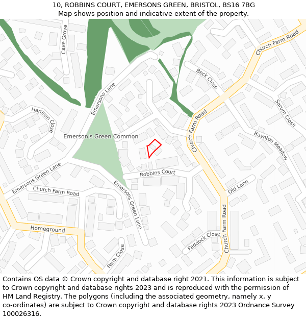 10, ROBBINS COURT, EMERSONS GREEN, BRISTOL, BS16 7BG: Location map and indicative extent of plot