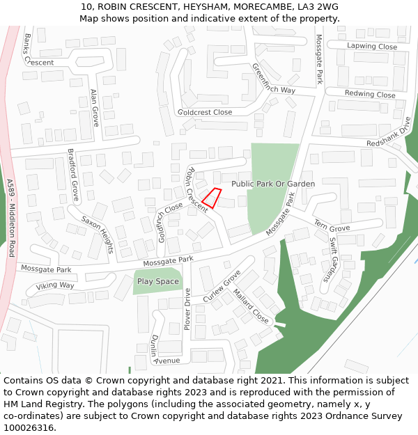 10, ROBIN CRESCENT, HEYSHAM, MORECAMBE, LA3 2WG: Location map and indicative extent of plot