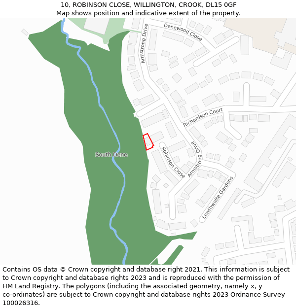 10, ROBINSON CLOSE, WILLINGTON, CROOK, DL15 0GF: Location map and indicative extent of plot