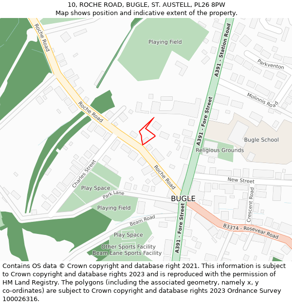 10, ROCHE ROAD, BUGLE, ST. AUSTELL, PL26 8PW: Location map and indicative extent of plot