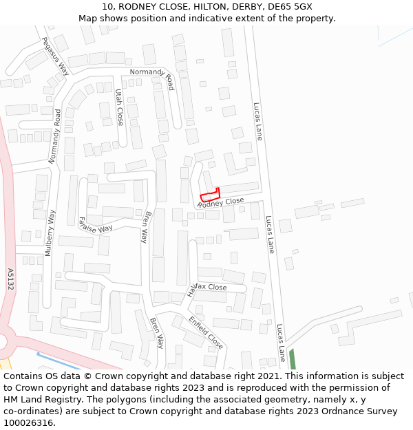 10, RODNEY CLOSE, HILTON, DERBY, DE65 5GX: Location map and indicative extent of plot