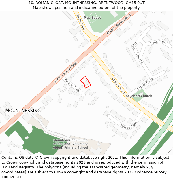 10, ROMAN CLOSE, MOUNTNESSING, BRENTWOOD, CM15 0UT: Location map and indicative extent of plot