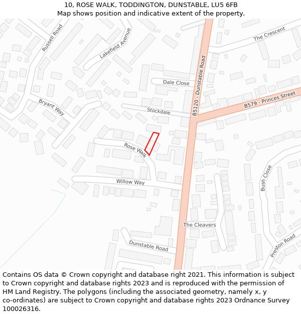 10, ROSE WALK, TODDINGTON, DUNSTABLE, LU5 6FB: Location map and indicative extent of plot