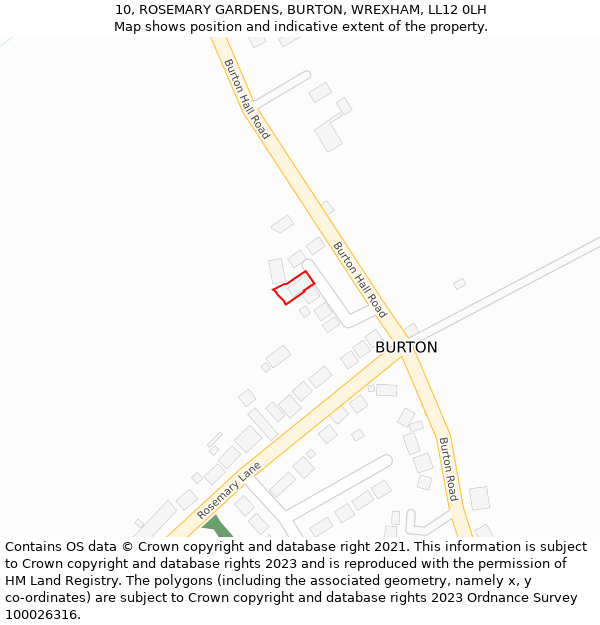 10, ROSEMARY GARDENS, BURTON, WREXHAM, LL12 0LH: Location map and indicative extent of plot