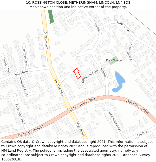 10, ROSSINGTON CLOSE, METHERINGHAM, LINCOLN, LN4 3DS: Location map and indicative extent of plot