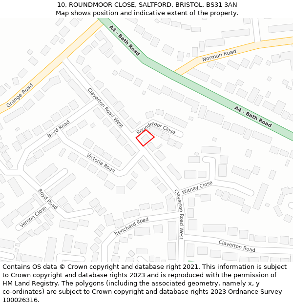 10, ROUNDMOOR CLOSE, SALTFORD, BRISTOL, BS31 3AN: Location map and indicative extent of plot