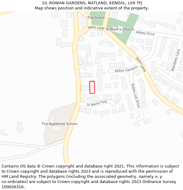 10, ROWAN GARDENS, NATLAND, KENDAL, LA9 7FJ: Location map and indicative extent of plot