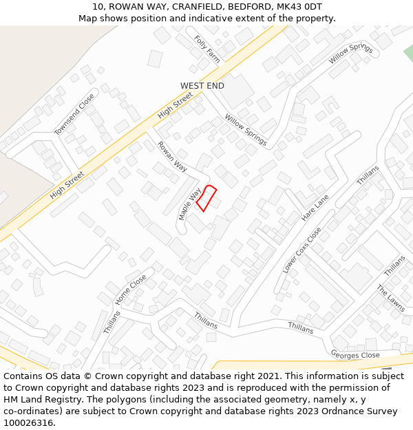 10, ROWAN WAY, CRANFIELD, BEDFORD, MK43 0DT: Location map and indicative extent of plot