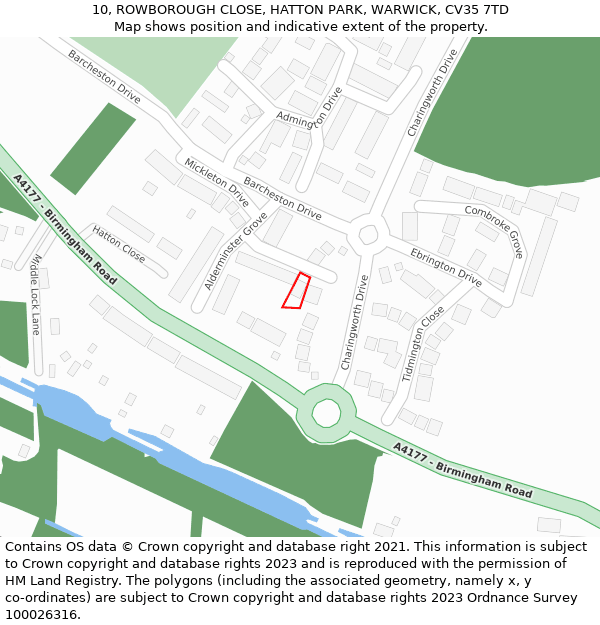 10, ROWBOROUGH CLOSE, HATTON PARK, WARWICK, CV35 7TD: Location map and indicative extent of plot