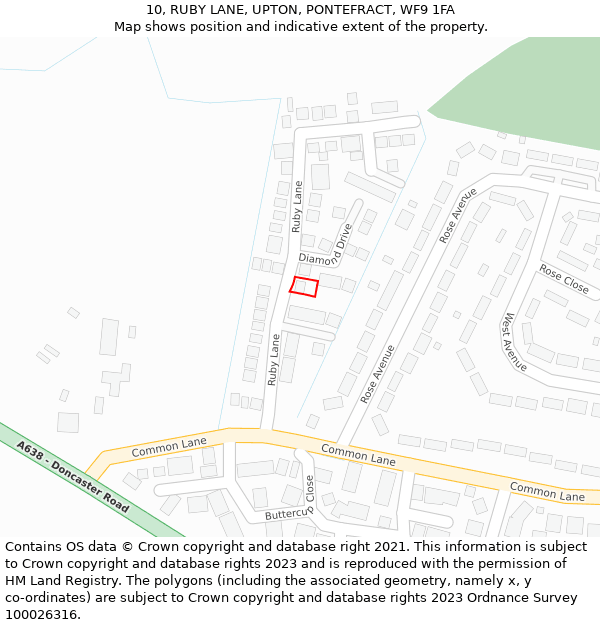 10, RUBY LANE, UPTON, PONTEFRACT, WF9 1FA: Location map and indicative extent of plot