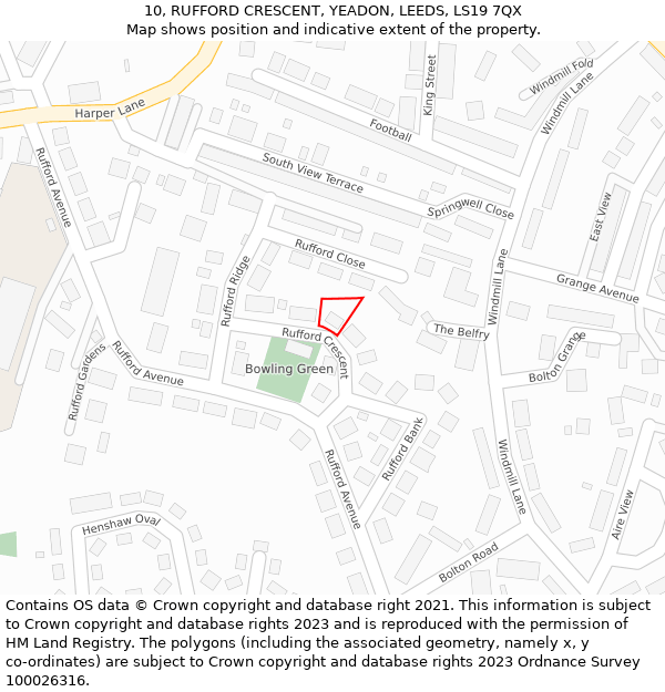 10, RUFFORD CRESCENT, YEADON, LEEDS, LS19 7QX: Location map and indicative extent of plot