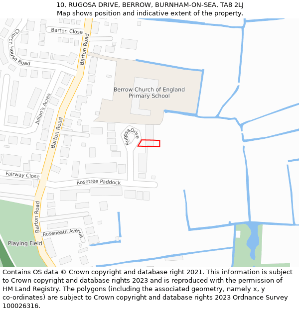 10, RUGOSA DRIVE, BERROW, BURNHAM-ON-SEA, TA8 2LJ: Location map and indicative extent of plot