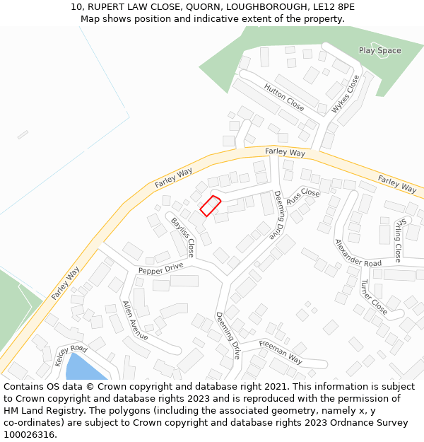 10, RUPERT LAW CLOSE, QUORN, LOUGHBOROUGH, LE12 8PE: Location map and indicative extent of plot