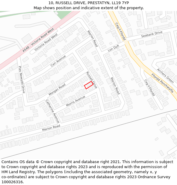 10, RUSSELL DRIVE, PRESTATYN, LL19 7YP: Location map and indicative extent of plot