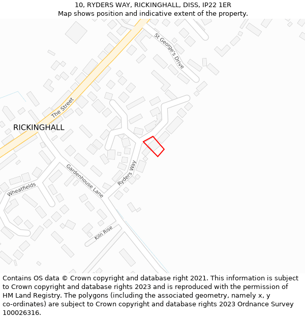 10, RYDERS WAY, RICKINGHALL, DISS, IP22 1ER: Location map and indicative extent of plot