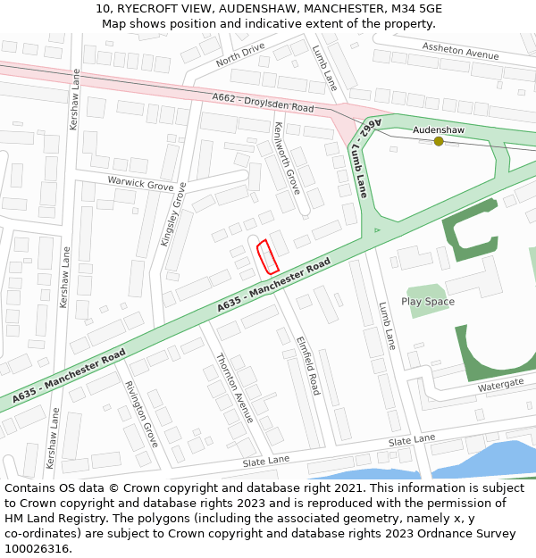 10, RYECROFT VIEW, AUDENSHAW, MANCHESTER, M34 5GE: Location map and indicative extent of plot