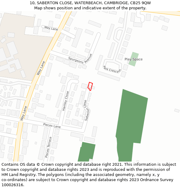 10, SABERTON CLOSE, WATERBEACH, CAMBRIDGE, CB25 9QW: Location map and indicative extent of plot