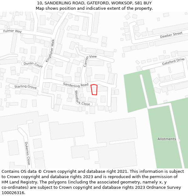 10, SANDERLING ROAD, GATEFORD, WORKSOP, S81 8UY: Location map and indicative extent of plot