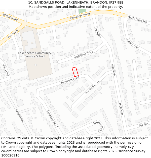 10, SANDGALLS ROAD, LAKENHEATH, BRANDON, IP27 9EE: Location map and indicative extent of plot