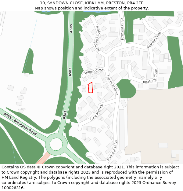 10, SANDOWN CLOSE, KIRKHAM, PRESTON, PR4 2EE: Location map and indicative extent of plot