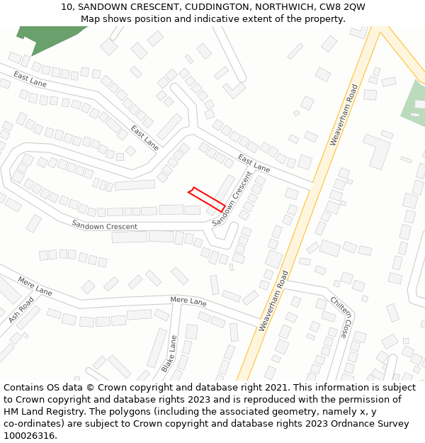 10, SANDOWN CRESCENT, CUDDINGTON, NORTHWICH, CW8 2QW: Location map and indicative extent of plot