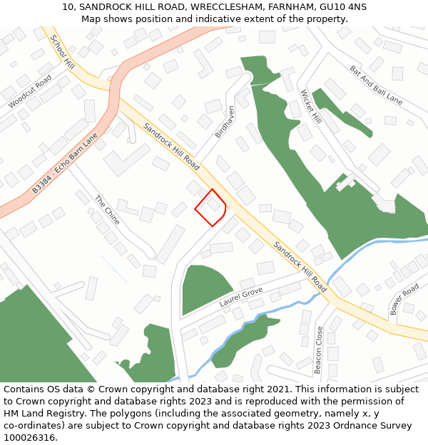 10, SANDROCK HILL ROAD, WRECCLESHAM, FARNHAM, GU10 4NS: Location map and indicative extent of plot