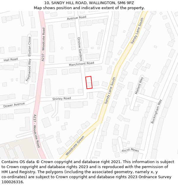 10, SANDY HILL ROAD, WALLINGTON, SM6 9PZ: Location map and indicative extent of plot