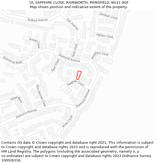 10, SAPPHIRE CLOSE, RAINWORTH, MANSFIELD, NG21 0GE: Location map and indicative extent of plot