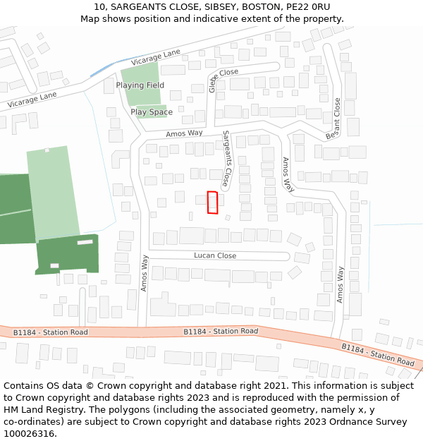 10, SARGEANTS CLOSE, SIBSEY, BOSTON, PE22 0RU: Location map and indicative extent of plot