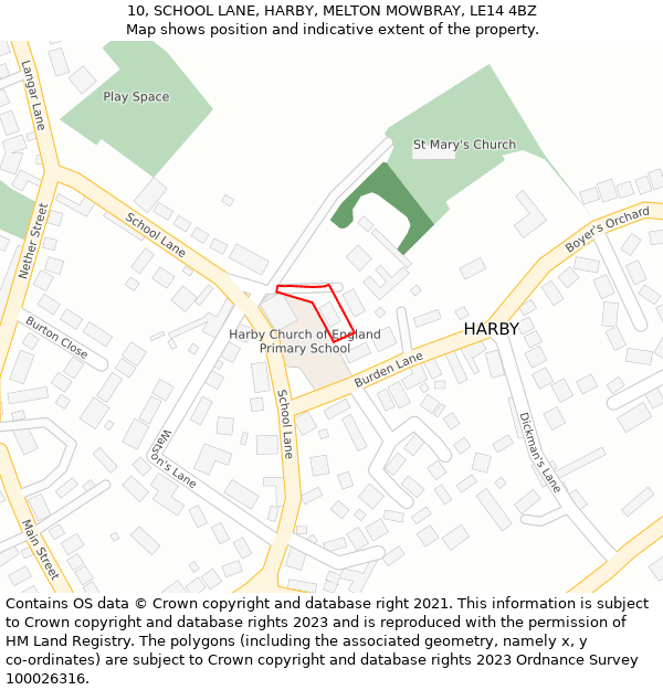 10, SCHOOL LANE, HARBY, MELTON MOWBRAY, LE14 4BZ: Location map and indicative extent of plot