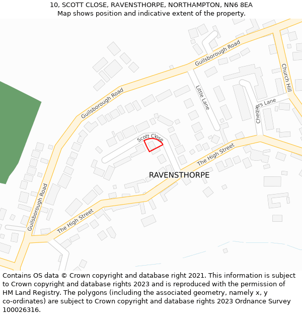 10, SCOTT CLOSE, RAVENSTHORPE, NORTHAMPTON, NN6 8EA: Location map and indicative extent of plot