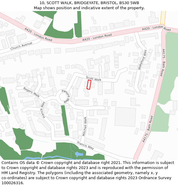 10, SCOTT WALK, BRIDGEYATE, BRISTOL, BS30 5WB: Location map and indicative extent of plot