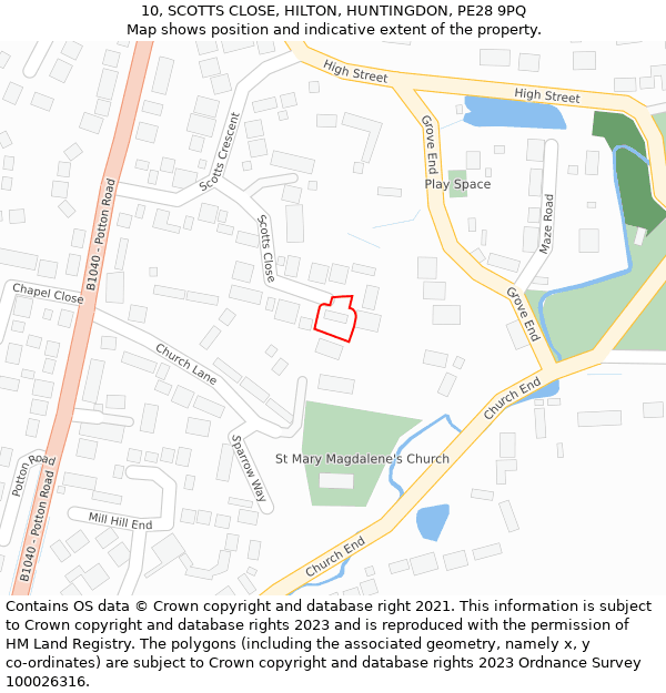 10, SCOTTS CLOSE, HILTON, HUNTINGDON, PE28 9PQ: Location map and indicative extent of plot