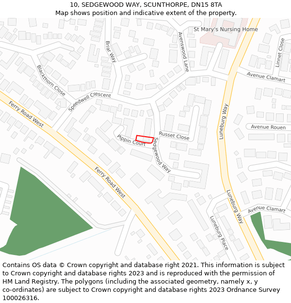 10, SEDGEWOOD WAY, SCUNTHORPE, DN15 8TA: Location map and indicative extent of plot