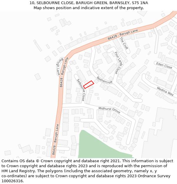 10, SELBOURNE CLOSE, BARUGH GREEN, BARNSLEY, S75 1NA: Location map and indicative extent of plot