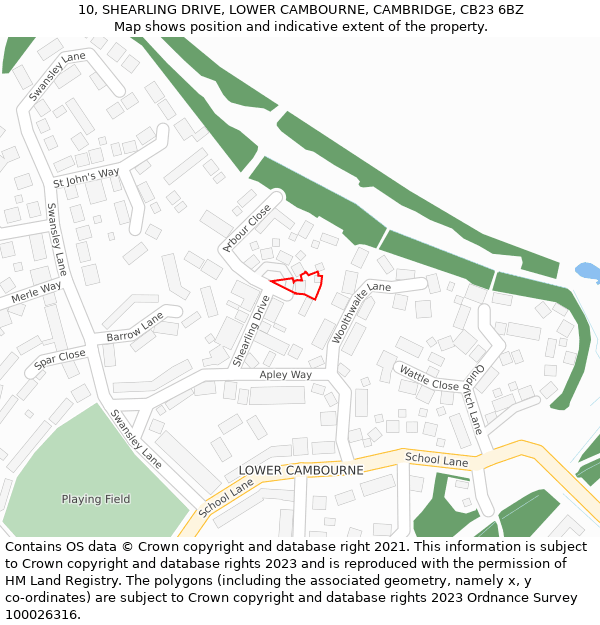 10, SHEARLING DRIVE, LOWER CAMBOURNE, CAMBRIDGE, CB23 6BZ: Location map and indicative extent of plot