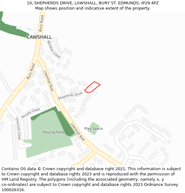 10, SHEPHERDS DRIVE, LAWSHALL, BURY ST. EDMUNDS, IP29 4PZ: Location map and indicative extent of plot