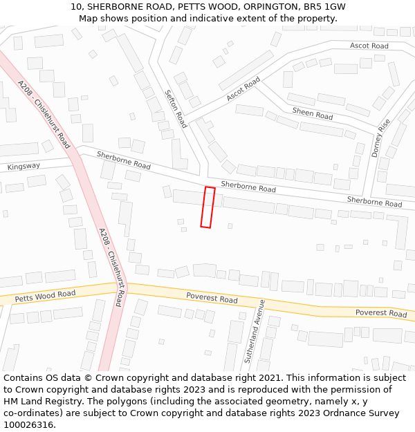 10, SHERBORNE ROAD, PETTS WOOD, ORPINGTON, BR5 1GW: Location map and indicative extent of plot