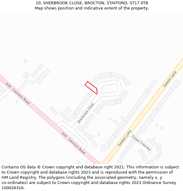 10, SHERBROOK CLOSE, BROCTON, STAFFORD, ST17 0TB: Location map and indicative extent of plot