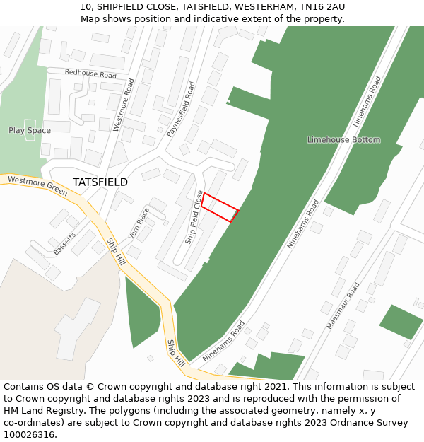 10, SHIPFIELD CLOSE, TATSFIELD, WESTERHAM, TN16 2AU: Location map and indicative extent of plot