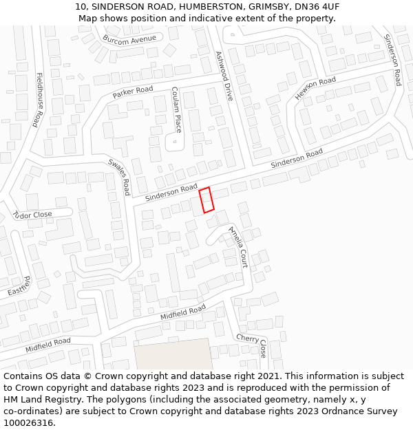 10, SINDERSON ROAD, HUMBERSTON, GRIMSBY, DN36 4UF: Location map and indicative extent of plot