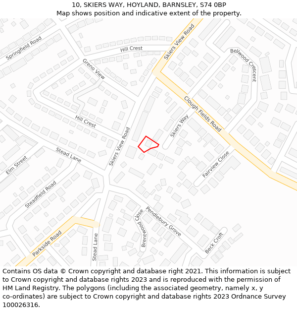 10, SKIERS WAY, HOYLAND, BARNSLEY, S74 0BP: Location map and indicative extent of plot