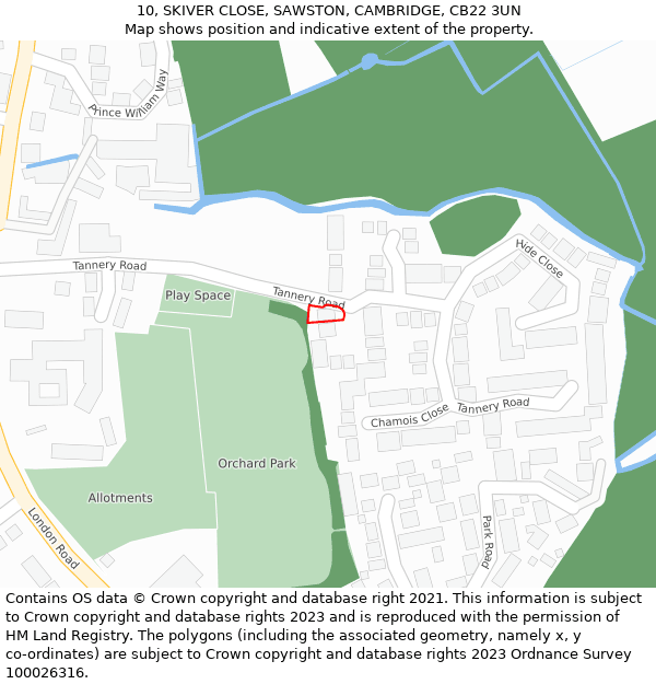 10, SKIVER CLOSE, SAWSTON, CAMBRIDGE, CB22 3UN: Location map and indicative extent of plot