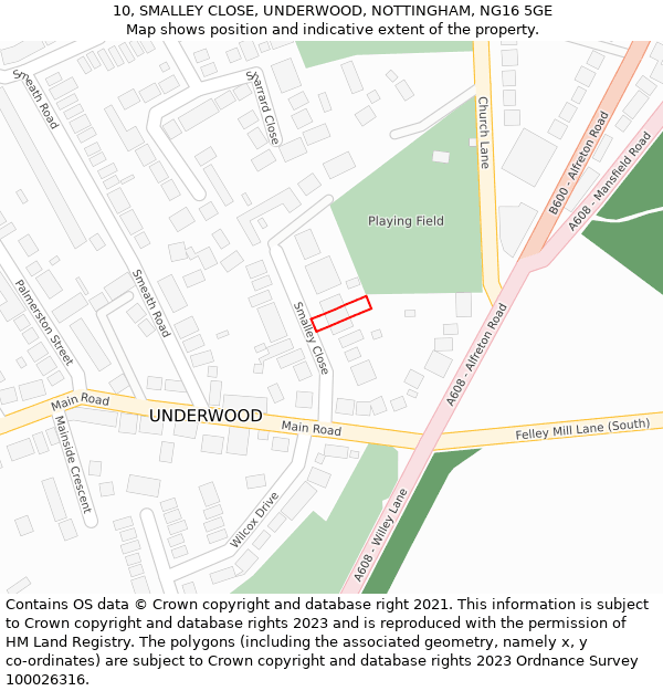10, SMALLEY CLOSE, UNDERWOOD, NOTTINGHAM, NG16 5GE: Location map and indicative extent of plot