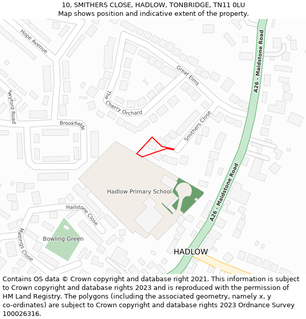 10, SMITHERS CLOSE, HADLOW, TONBRIDGE, TN11 0LU: Location map and indicative extent of plot