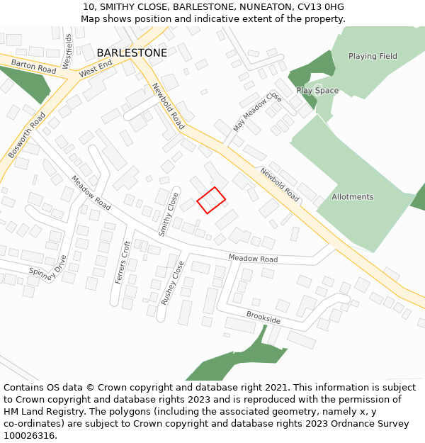 10, SMITHY CLOSE, BARLESTONE, NUNEATON, CV13 0HG: Location map and indicative extent of plot