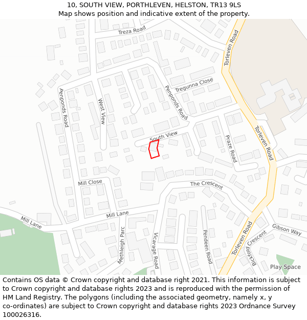 10, SOUTH VIEW, PORTHLEVEN, HELSTON, TR13 9LS: Location map and indicative extent of plot